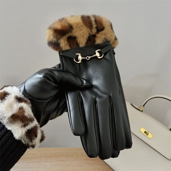 2/$30 Black Faux Leather Gloves with Brown Leopard Faux Fur Trim Gold Accent - Picture 6 of 6